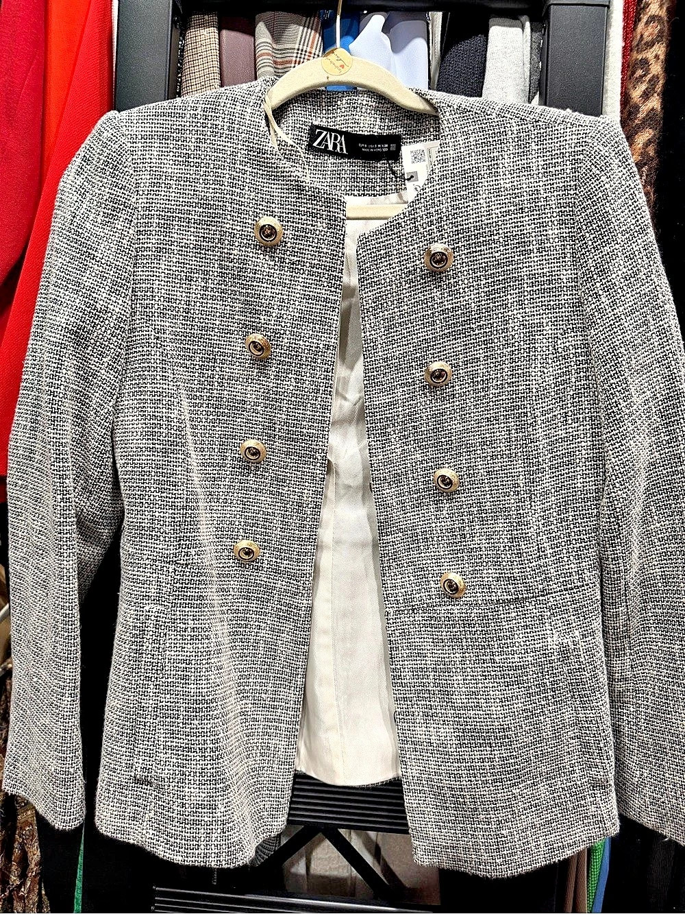 Zara Textured Tailored Round Neck Blazer Tweed-Textured Blazer in black & White